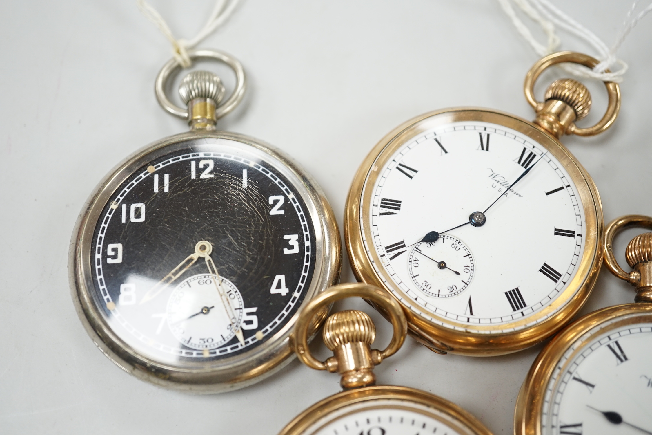 Eleven assorted gold plated or base metal pocket watches including three Waltham and Doxa military black dial.